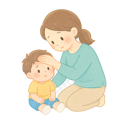 子どものおでこに手を当てて熱を確認するイラスト