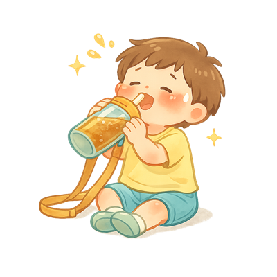 水筒で麦茶を飲む子どものイラスト