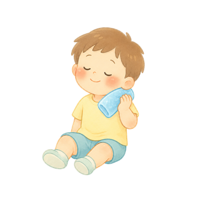 冷たいタオルで体を冷やして休む子どものイラスト