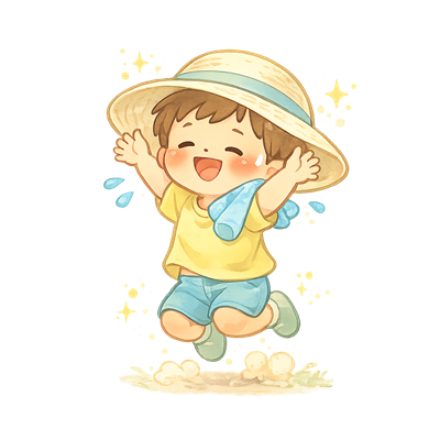 夏空の下で元気に笑う子どものイラスト