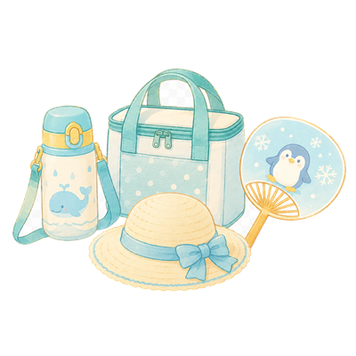 水筒・帽子・保冷バッグなど子ども用の夏グッズのイラスト