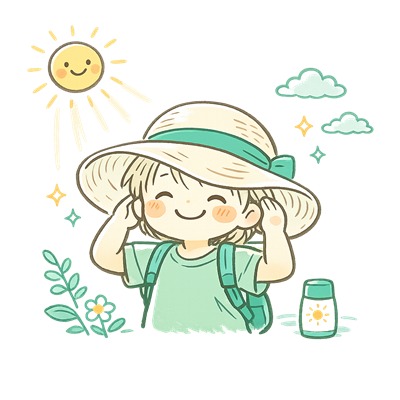 帽子をかぶって日差しを浴びる子どものイラスト