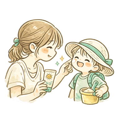 子どもに日焼け止めを塗ってあげるお母さんのイラスト