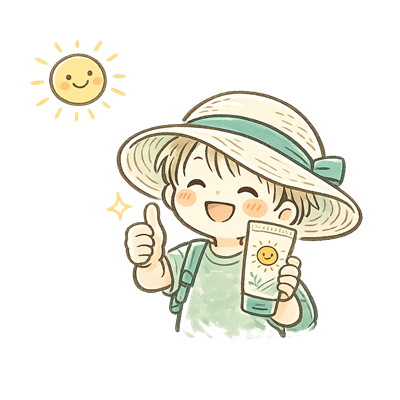 日焼け止めを持ってグッドサインをする子どもと太陽のイラスト