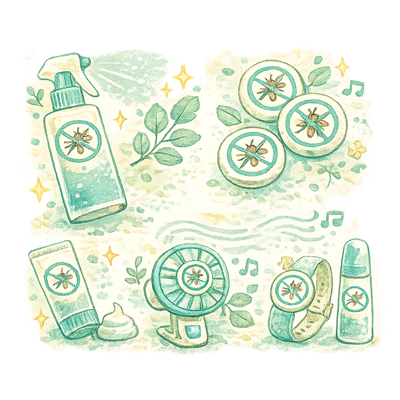 虫よけスプレーとシールのイラスト