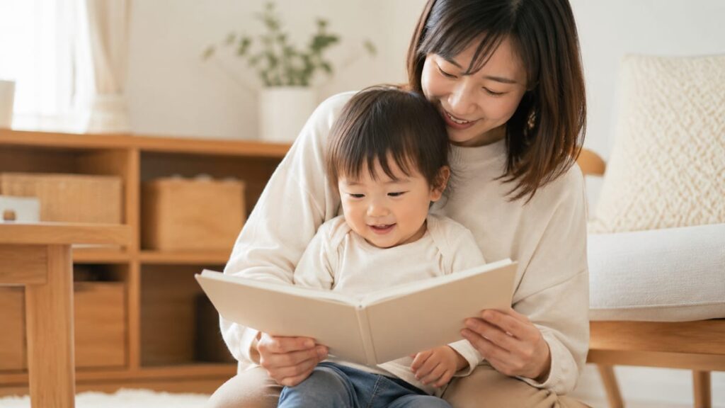 親子で絵本を読み聞かせているようす