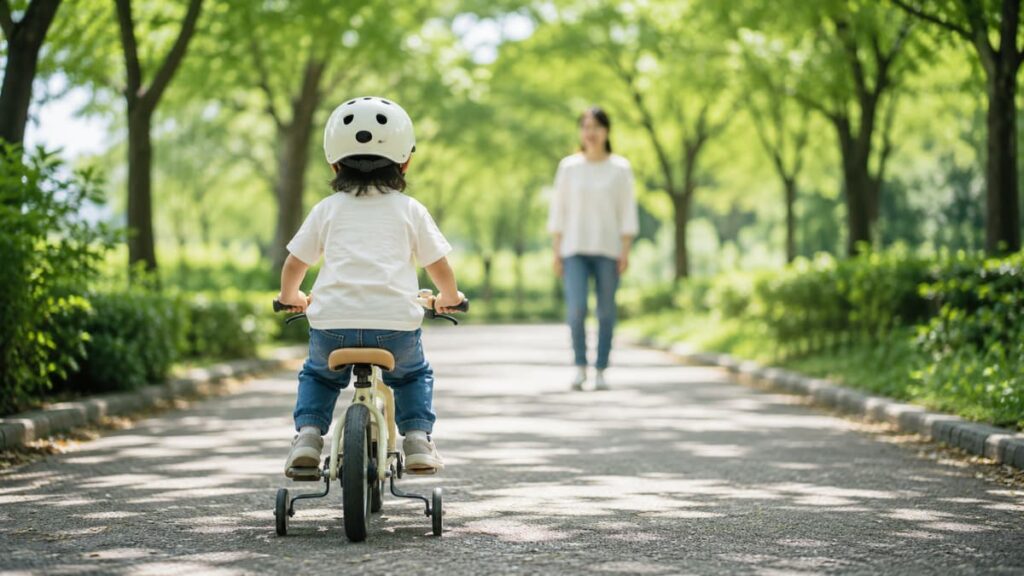 ヘルメットをかぶって補助輪付き自転車に乗る子どもの後ろ姿