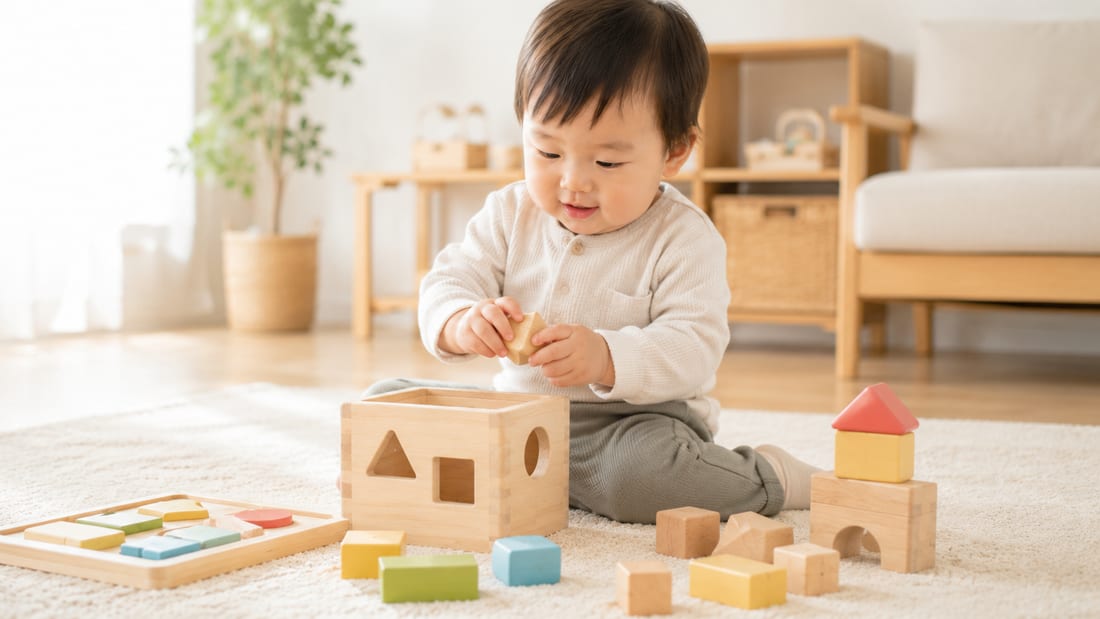 型はめや積み木で遊ぶ1〜2歳の子ども