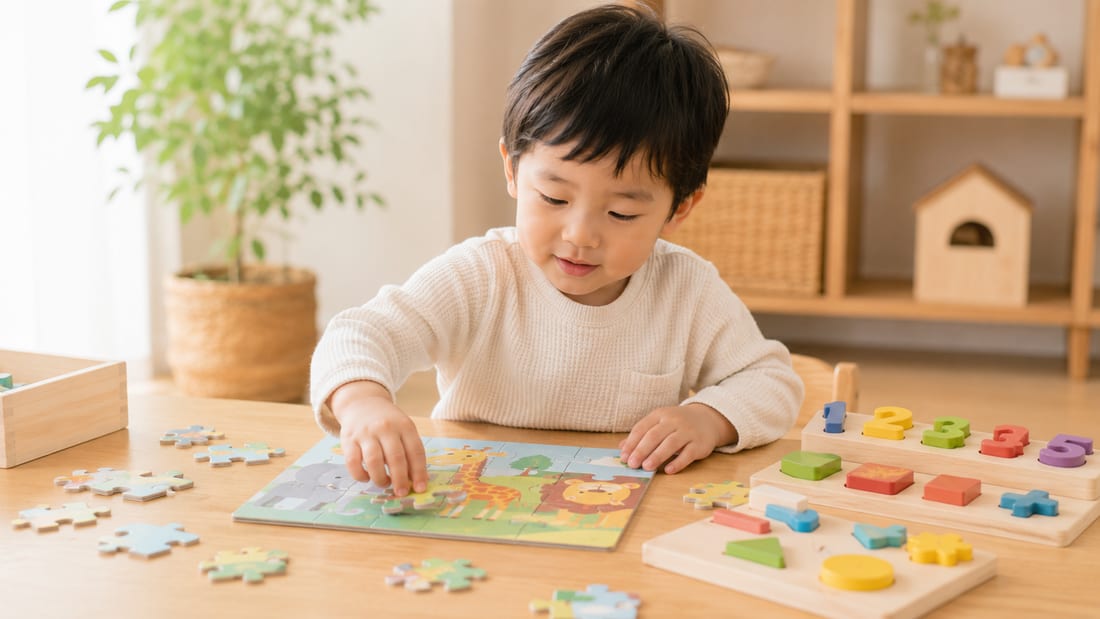 パズルや数字ブロックで遊ぶ3〜4歳の子ども