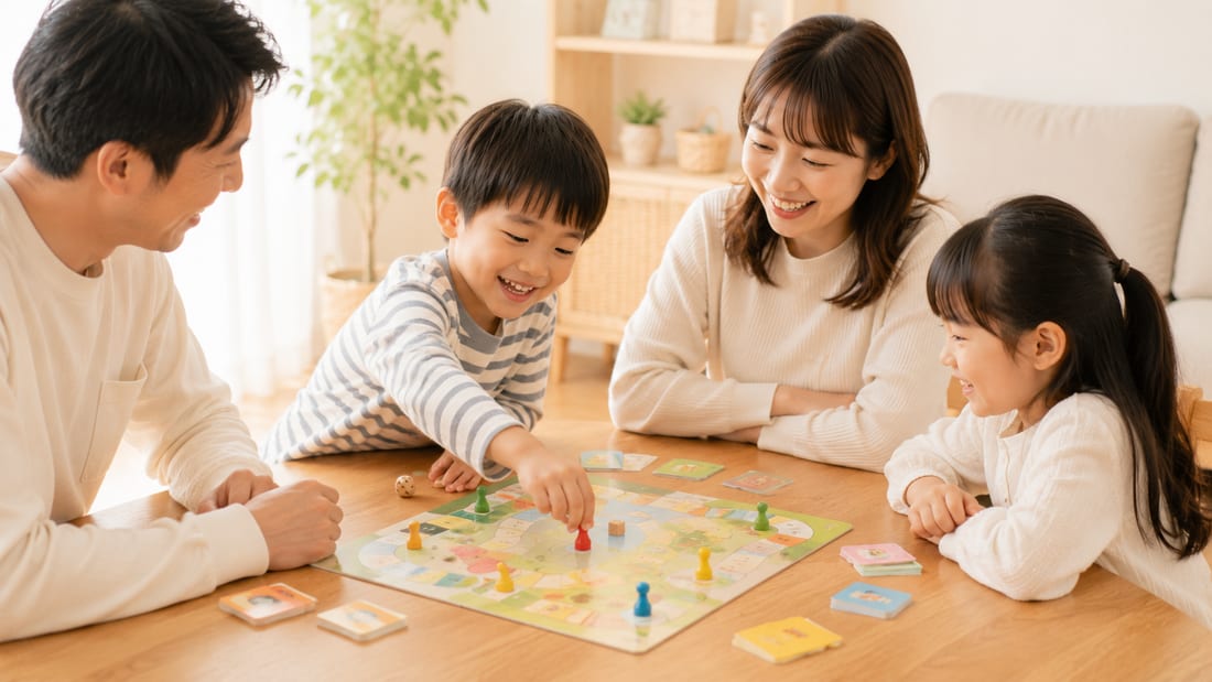 家族でボードゲームを楽しむ4〜6歳の子ども