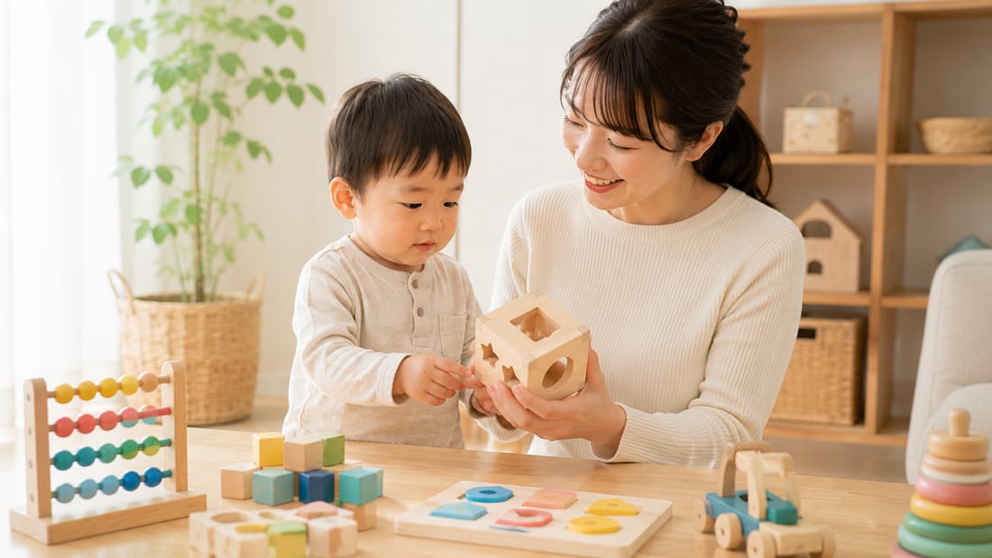 親子で知育玩具を選ぶ様子