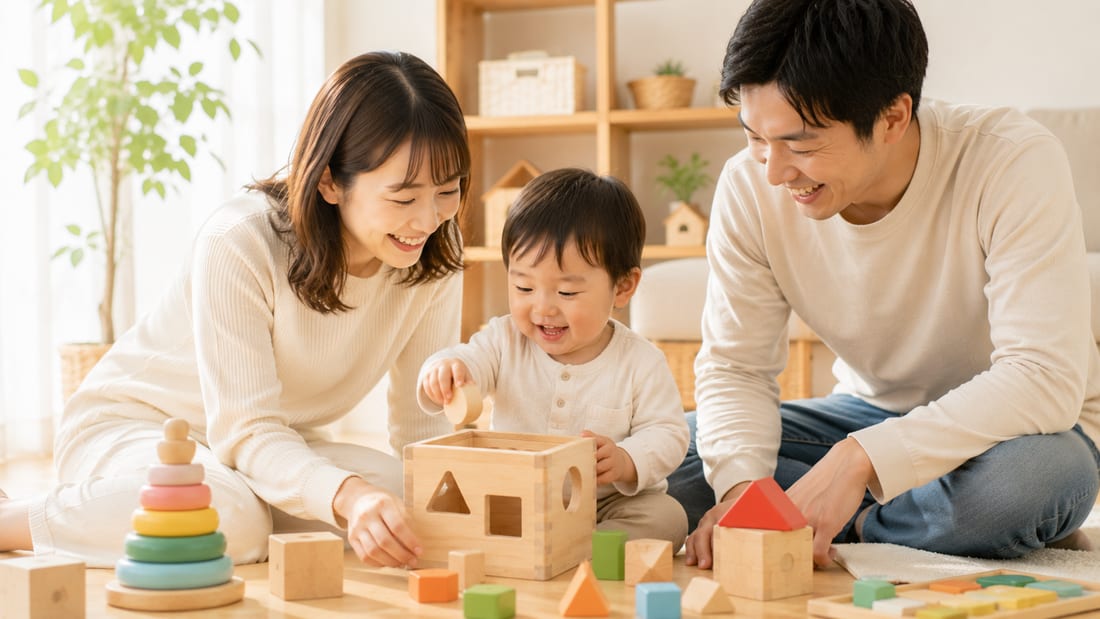 親子で知育玩具を楽しむ様子