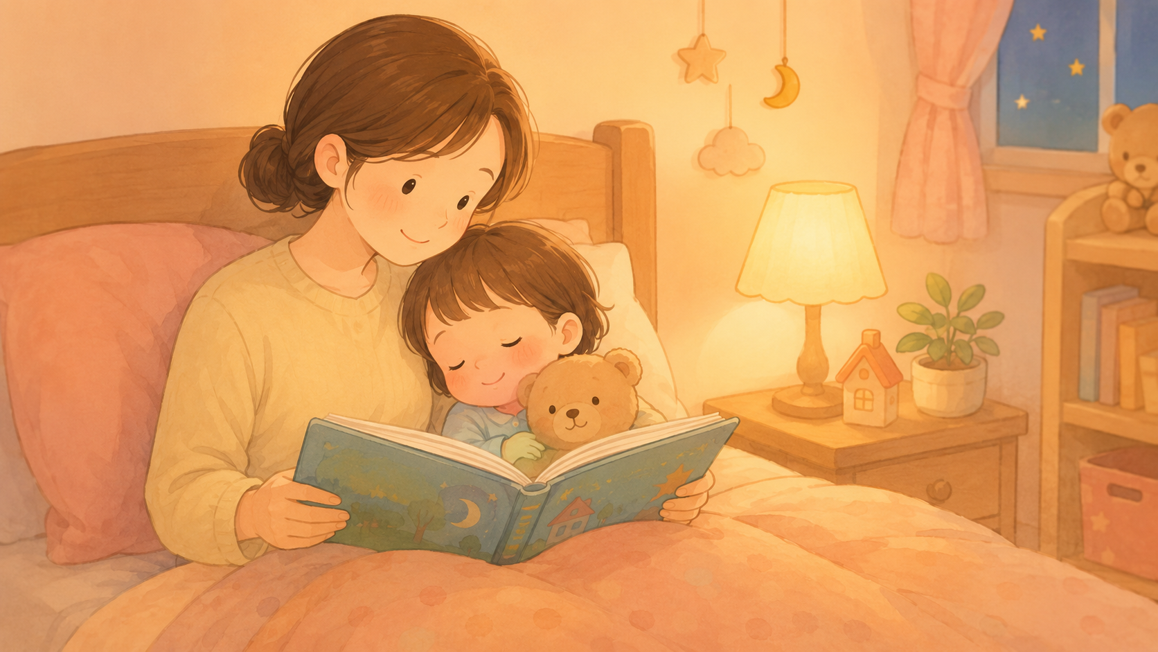 暖色の灯りがともる寝室で親が子どもに絵本を読みながら寝かしつけているやさしいイラスト