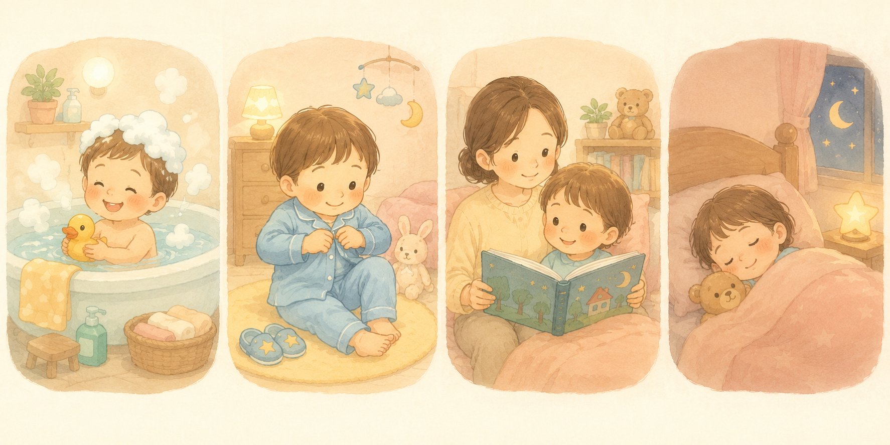 お風呂・パジャマ・絵本・おやすみの寝る前ルーティンを4コマで並べたイラスト