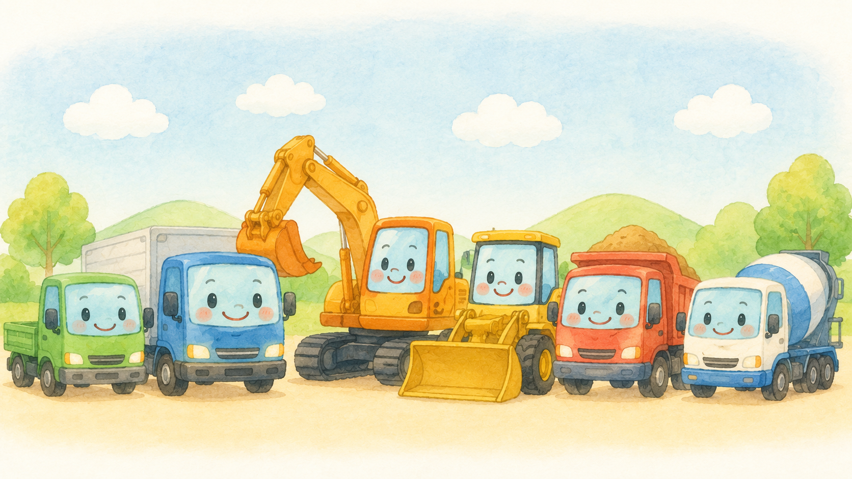 笑顔のトラックやショベルカーなど、はたらくくるまが並ぶcobitoworks-kidsのイラスト