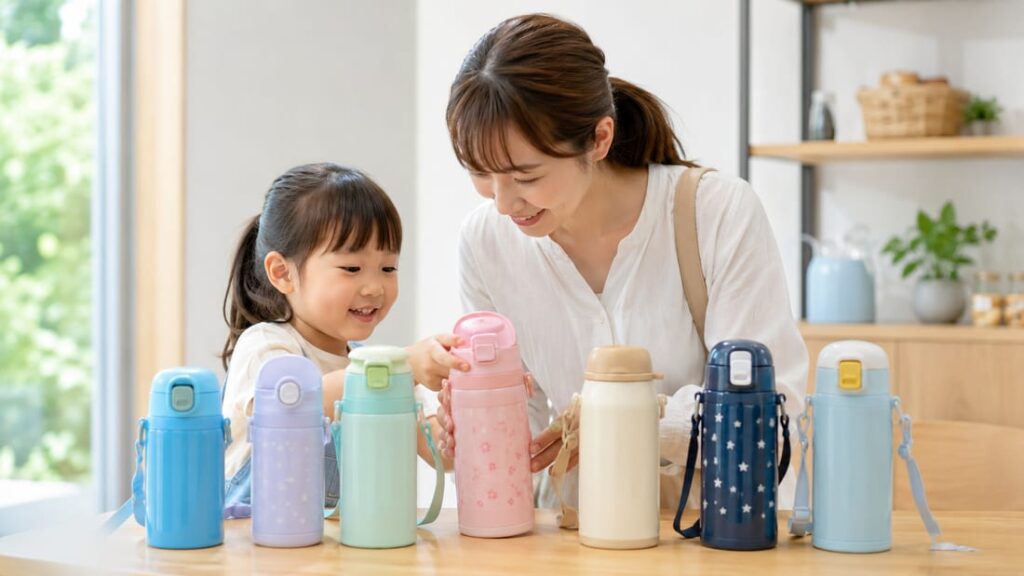 親子で子ども用水筒を選ぶ様子