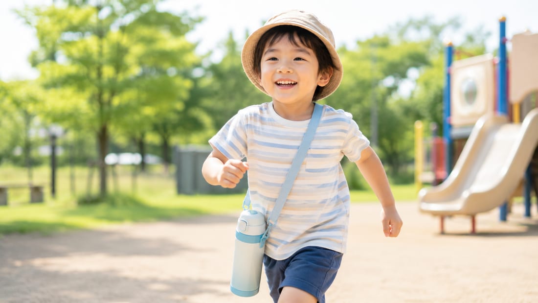4〜6歳の子どもが肩掛け水筒で外遊びをする様子