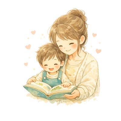 親子で絵本を読んで心が育つ様子のイラスト