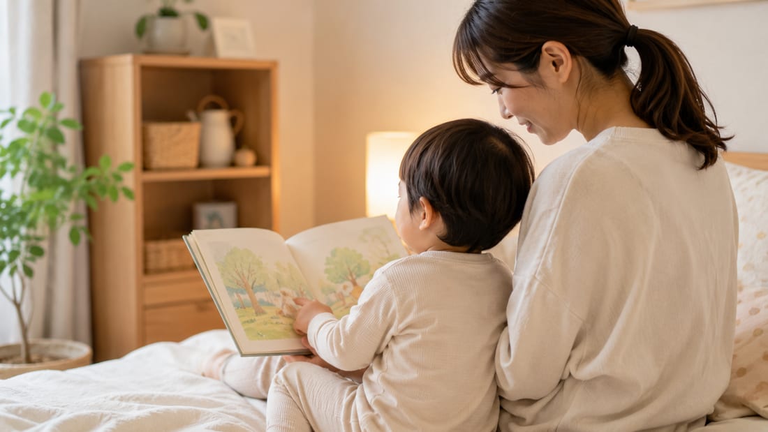 親子で歯みがき前に絵本を読むひととき