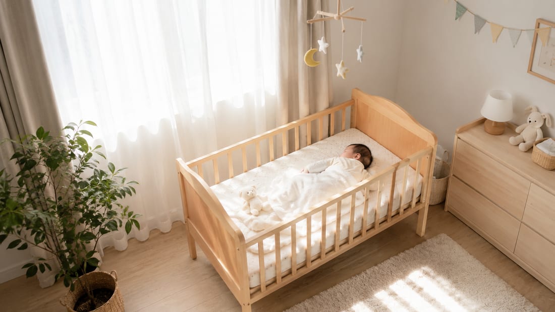 朝の明るい部屋のベビーベッドで眠る赤ちゃん