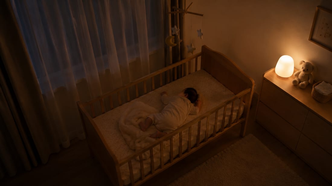 夜の薄暗い子ども部屋と常夜灯