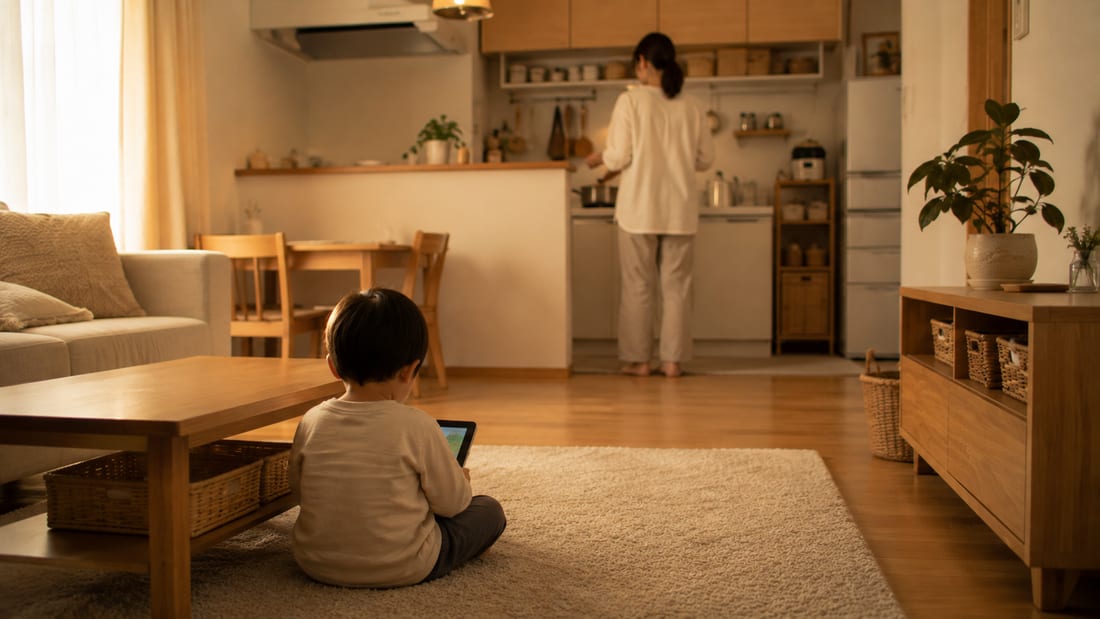 キッチンで夕食の支度をする親の後ろ姿と、リビングで画面を見る子ども