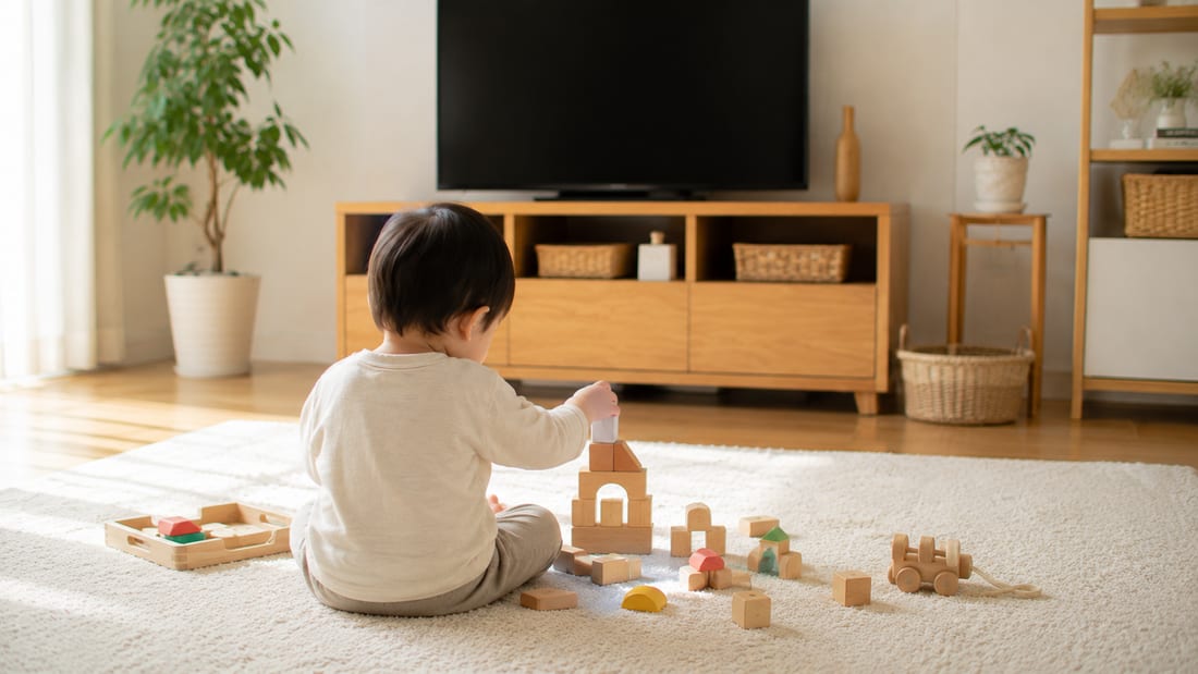 朝の窓辺、画面のないリビングでおもちゃ遊びをする子どもの後ろ姿