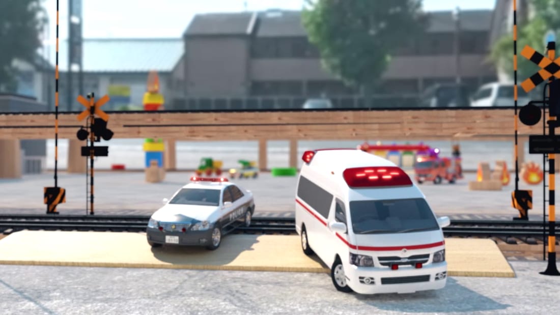 ふみきりの前にならぶパトカーと救急車(cobitoworks-kidsの3DCGアニメより)