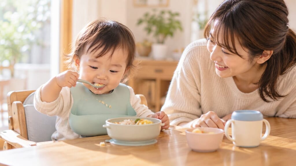 シリコンのお食事エプロンをつけて自分でスプーンを使う1歳の赤ちゃんと見守るお母さん
