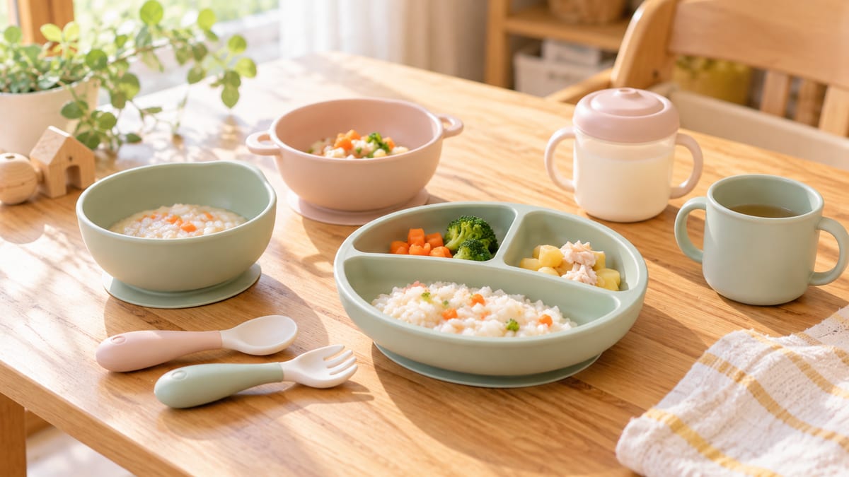 吸盤付きのボウルや仕切り皿、マグなどのベビー用食器セット