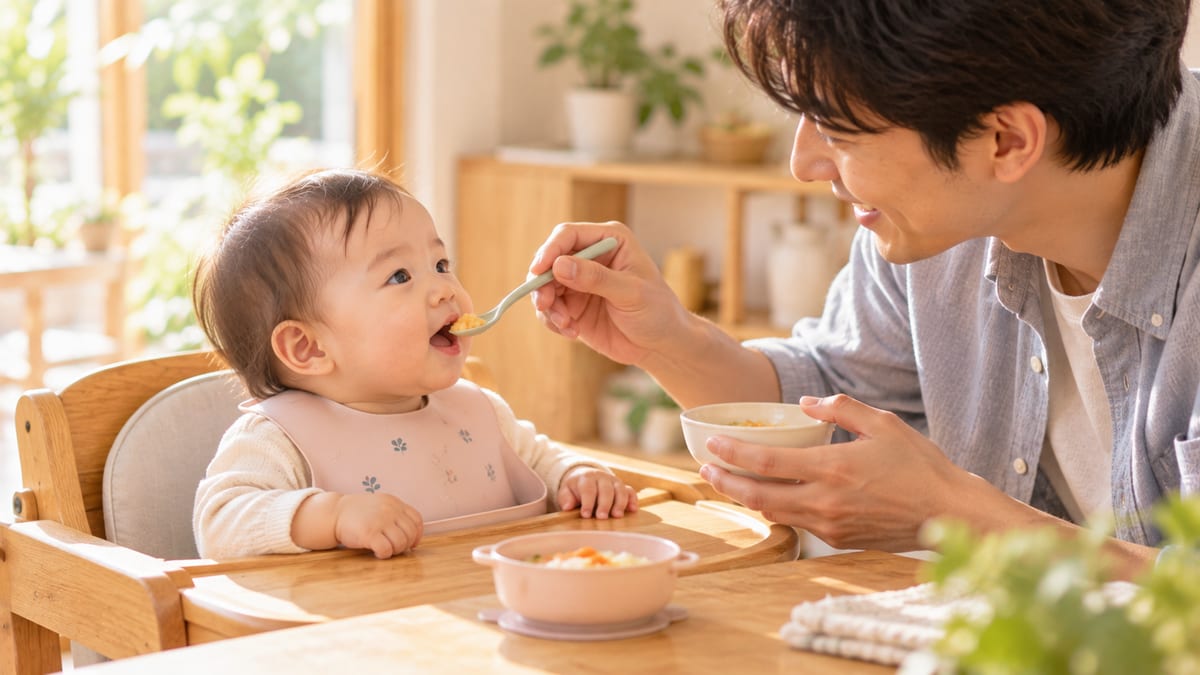 スタイ型のエプロンをつけた赤ちゃんに離乳食を食べさせるお父さん