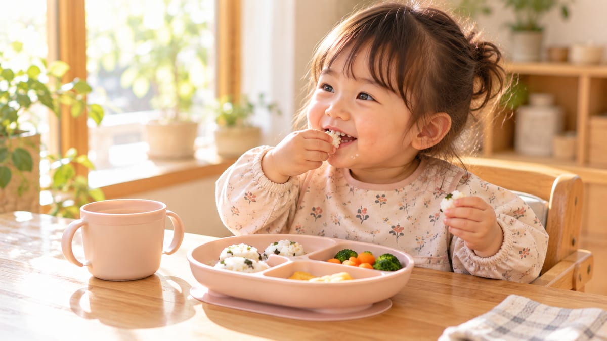 仕切り皿から手づかみで食べる1歳半の女の子