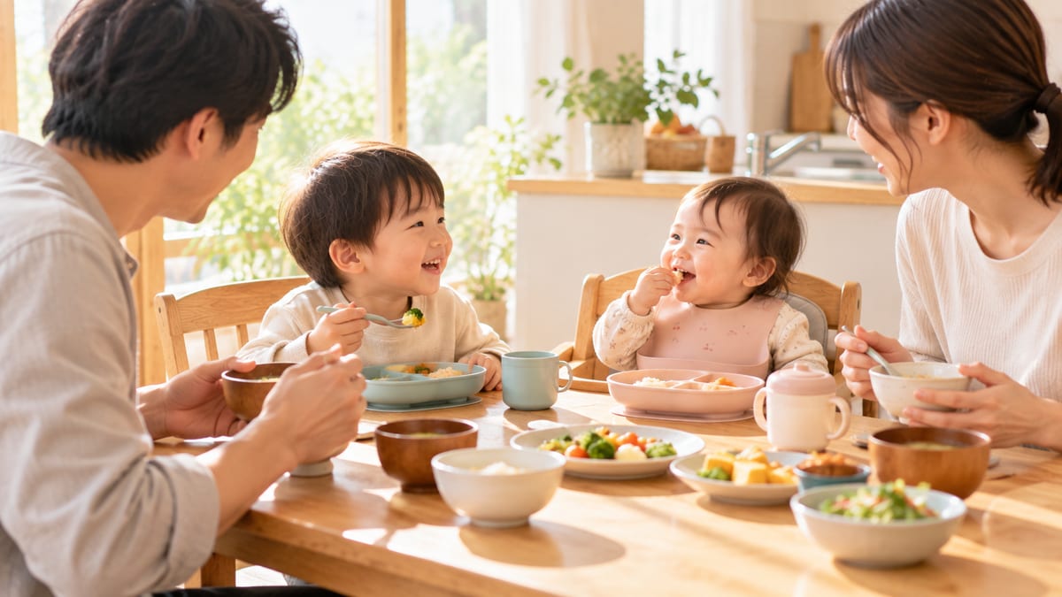 食卓を囲んでごはんを食べる家族