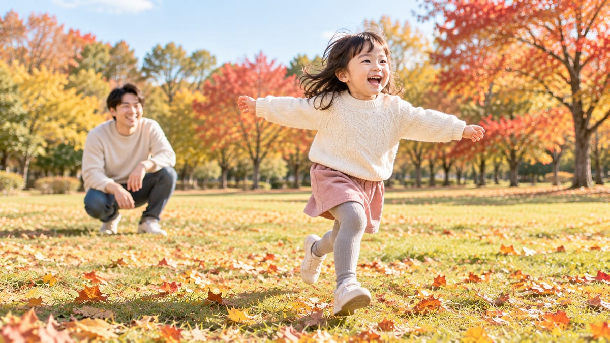 秋の公園の芝生で両手を広げて駆け回る女の子と、しゃがんで見守るお父さん