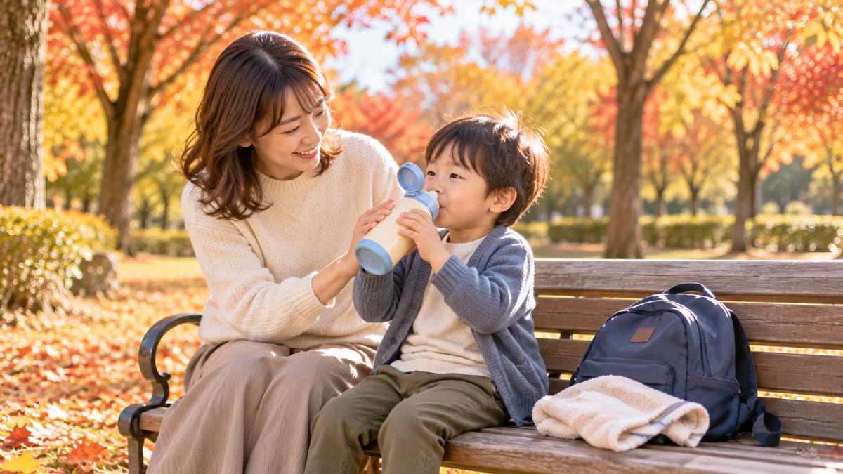 公園のベンチで子どもに薄手のカーディガンを着せ、水筒で水を飲ませるお母さん