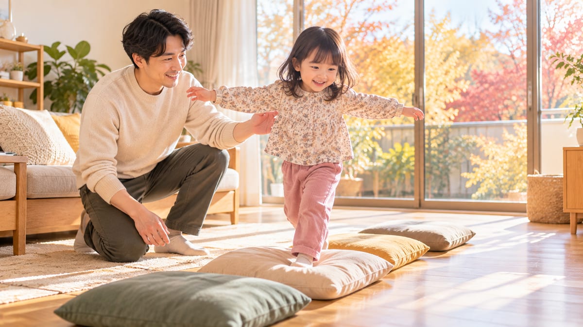 リビングに並べたクッションの上をバランスをとって渡る子どもと、手を添えるお父さん