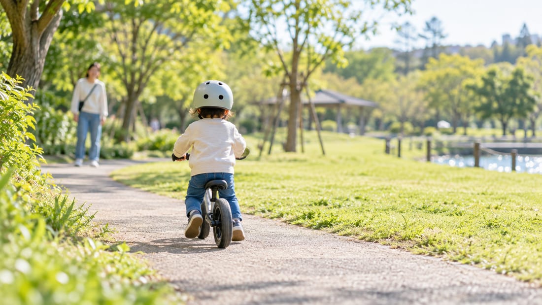 公園でバランスバイクに乗る幼児の後ろ姿