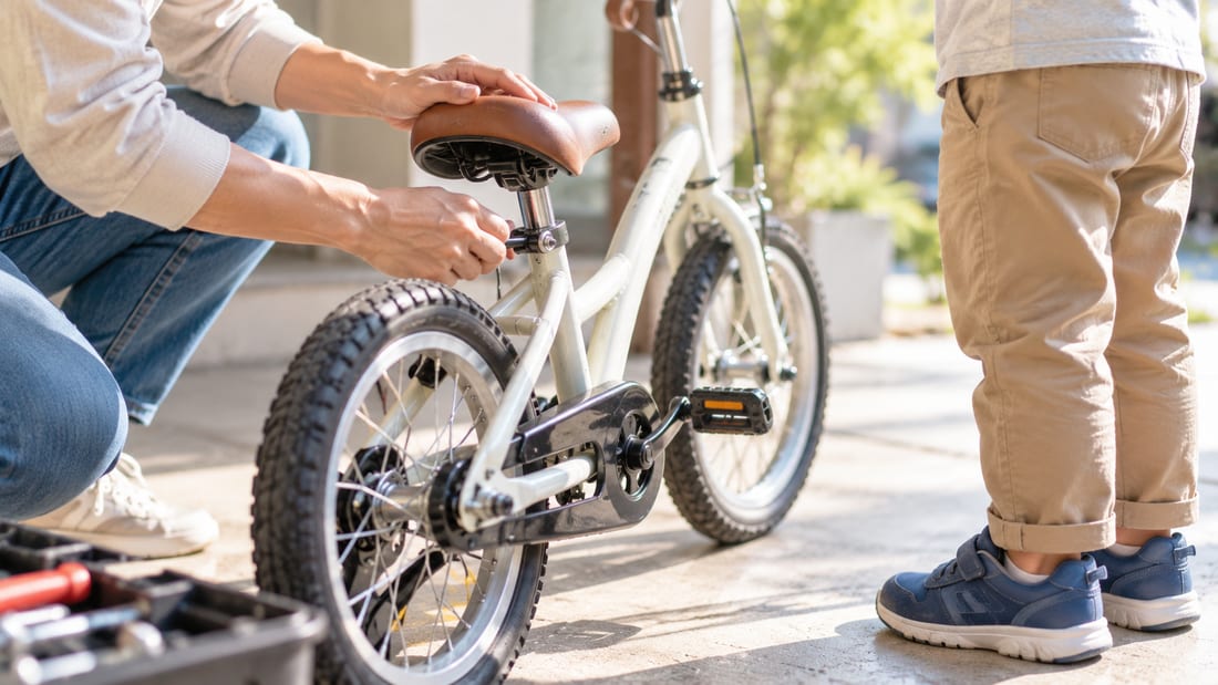 子ども用自転車のサドルの高さを調整する親の手元