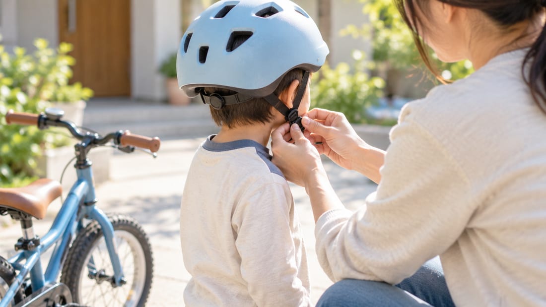 子どもの自転車用ヘルメットのあごひもを留める親