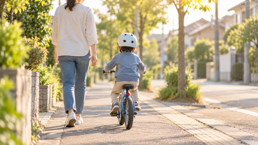 自転車に乗る子どもと並んで歩く親の後ろ姿