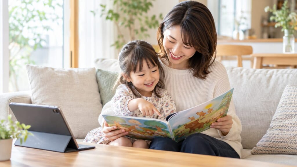 明るいリビングで母親と幼い女の子が一緒に英語の絵本を見ている様子