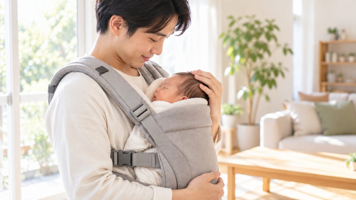 新生児用クッションを入れた抱っこ紐で赤ちゃんの首と頭を支えるお父さん