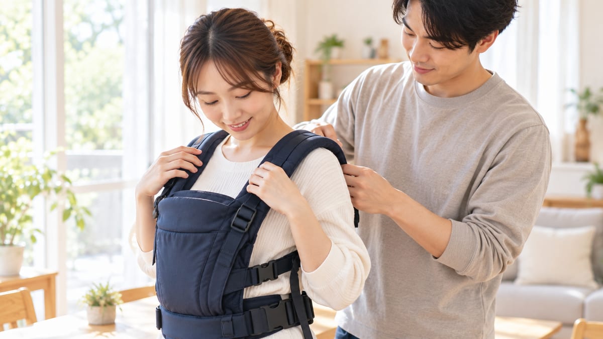抱っこ紐の肩ベルトの長さを夫婦で調整している様子