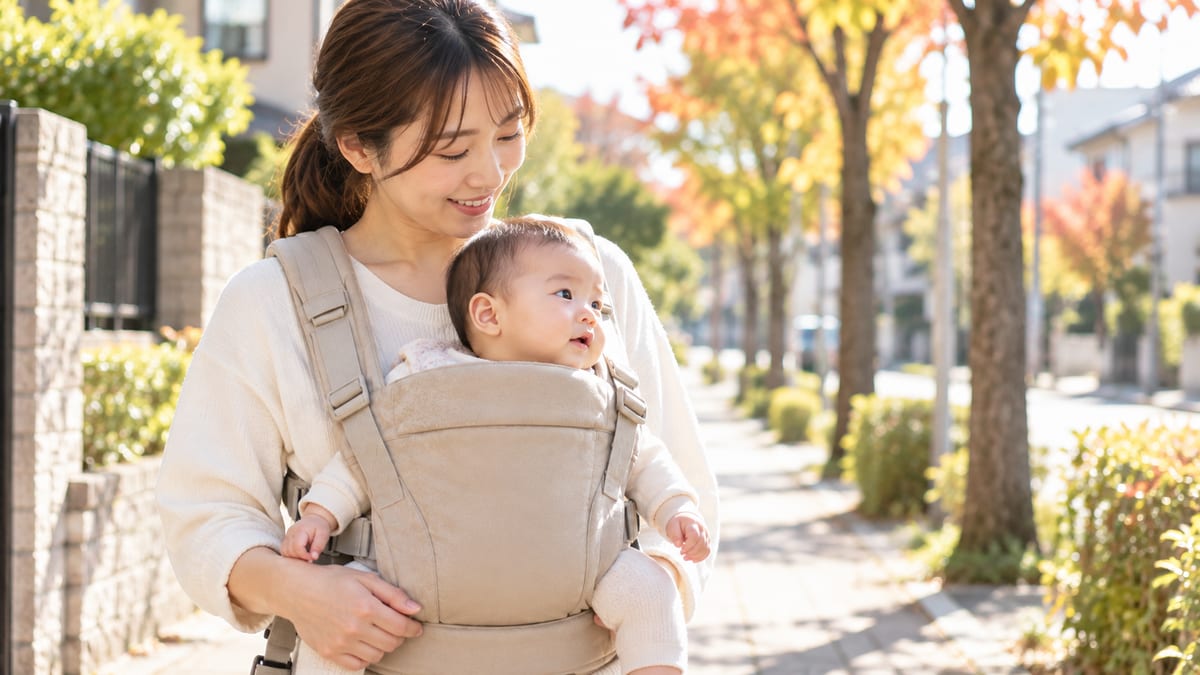 秋の住宅街を抱っこ紐で赤ちゃんと散歩するお母さん