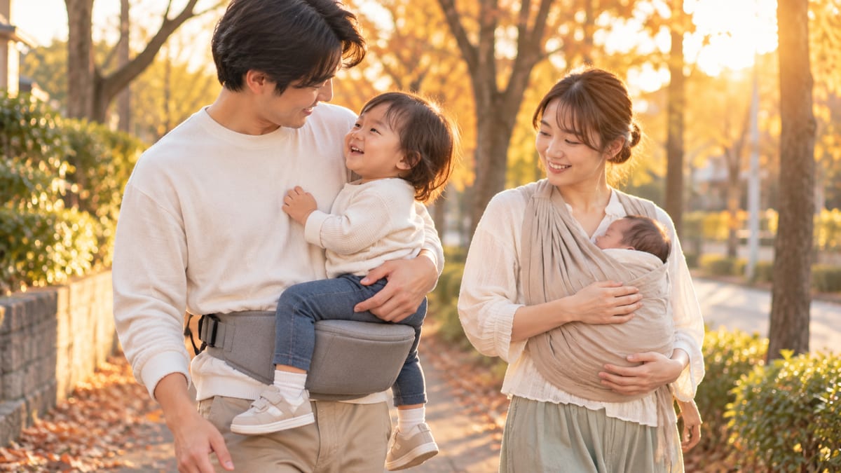 夕方の並木道でヒップシートで子どもを抱っこするお父さんとスリングで赤ちゃんを抱くお母さん