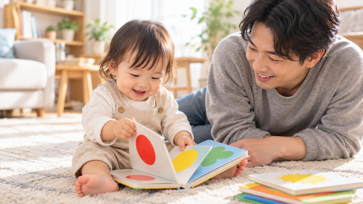 厚紙の絵本をめくる1歳の赤ちゃんと見守るお父さん
