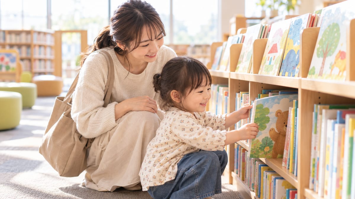 図書館の絵本コーナーで親子で絵本を選ぶようす