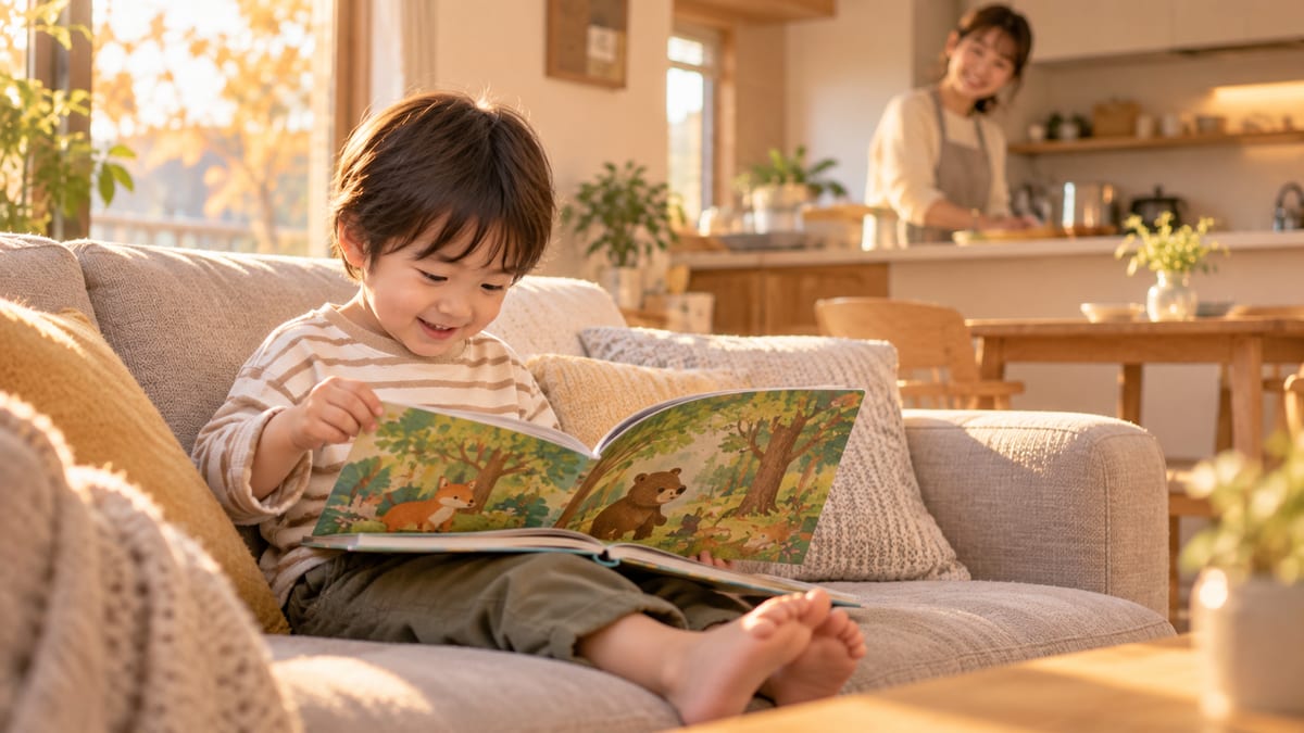 ソファでひとりで絵本を広げる子どもとキッチンから見守るお母さん