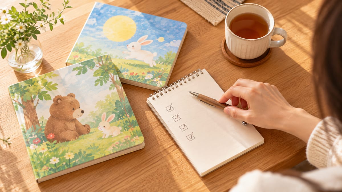 チェック印のついたメモ帳と絵本とお茶が並ぶテーブル