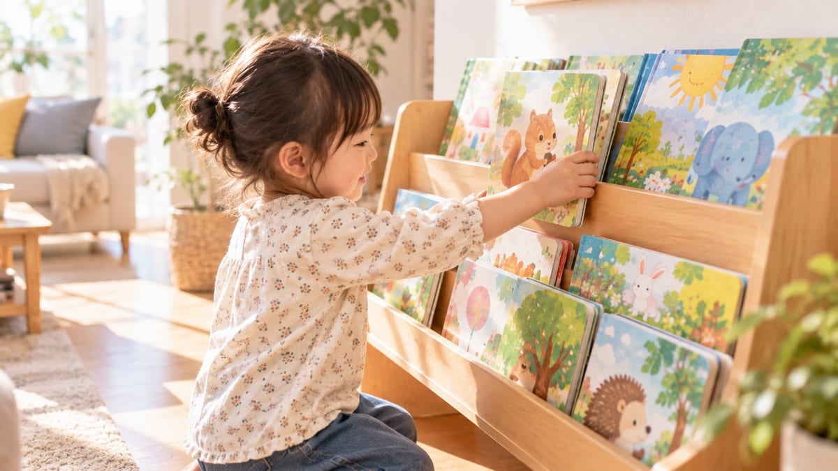 表紙が見える木製の絵本ラックから絵本を手に取る子ども